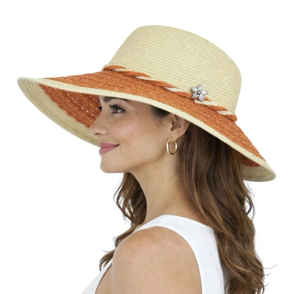 CAPPELLI Wide Brim Straw Hat Beige Orange Rope Band Metal Flower OS Summertime